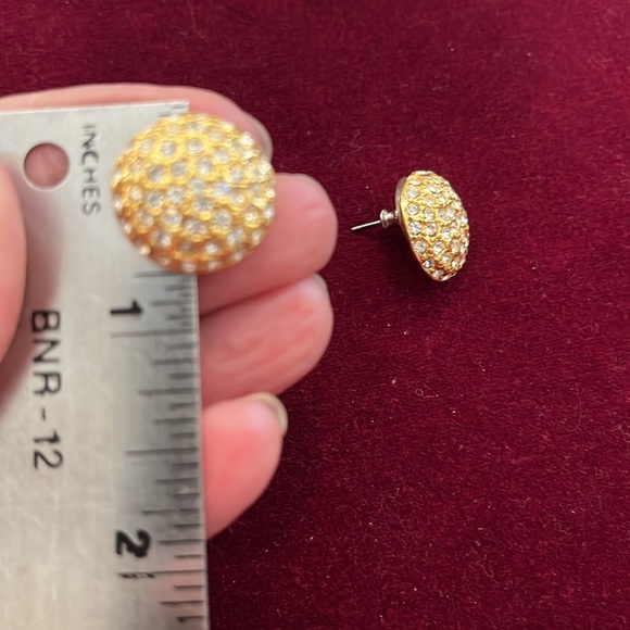 Gold and rhinestone round dome pavé stud earrings ~11/16”. Like new. - Picture 5 of 6